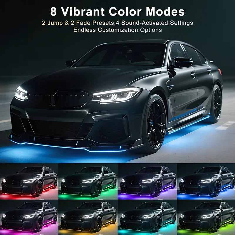 4-Piece Waterproof RGB LED Underglow Neon Accent Strip Lights with Sound Activation and App Control - 252 LEDs, 8 Colors