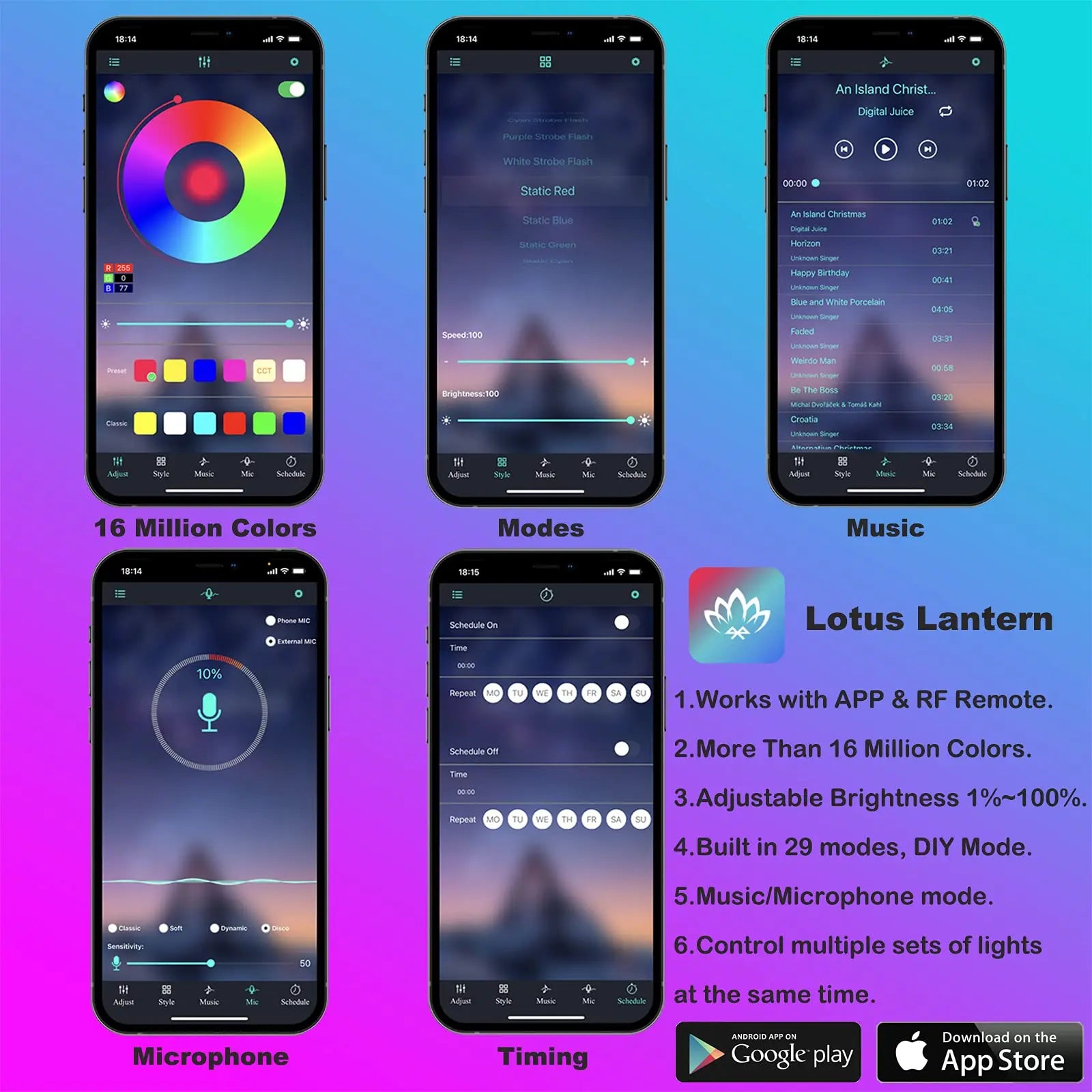 RGB Fiber Optic LED Car Interior Ambient Lighting Kit with App Remote Control