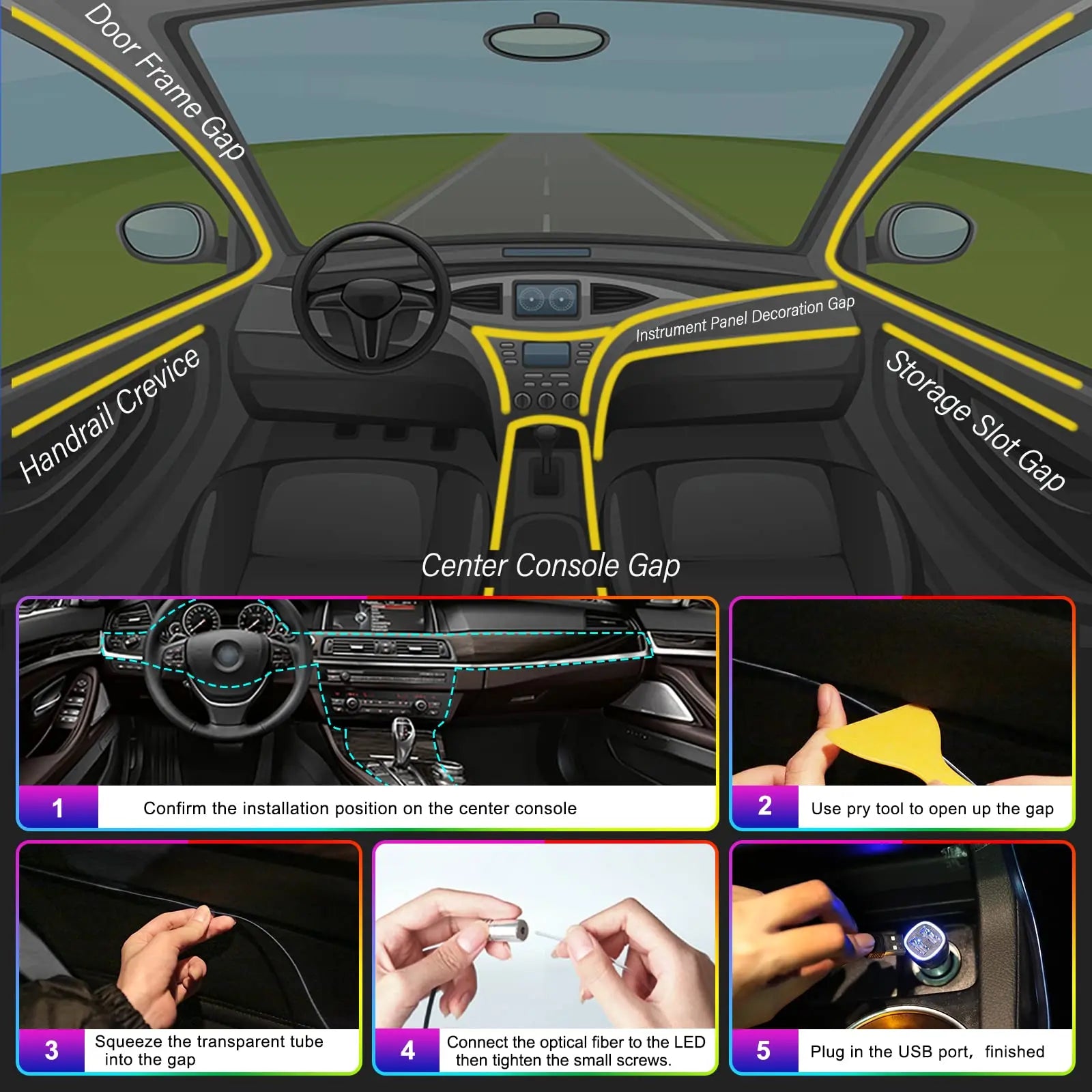 RGB Fiber Optic LED Car Interior Ambient Lighting Kit with App Remote Control