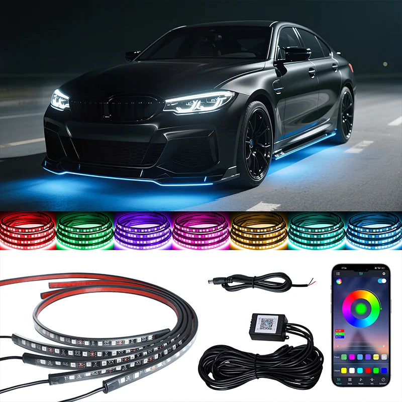 4-Piece Waterproof RGB LED Underglow Neon Accent Strip Lights with Sound Activation and App Control - 252 LEDs, 8 Colors