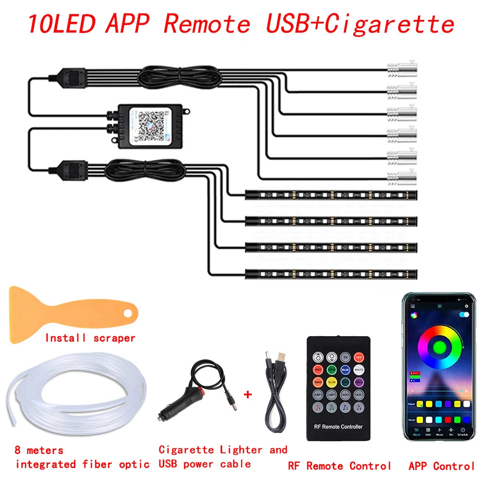 RGB Fiber Optic LED Car Interior Ambient Lighting Kit with App Remote Control
