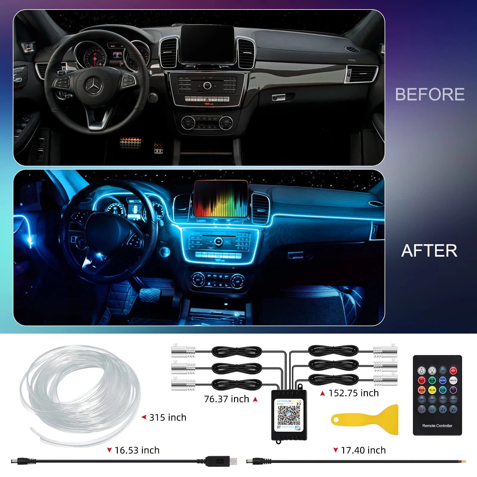RGB Fiber Optic LED Car Interior Ambient Lighting Kit with App Remote Control
