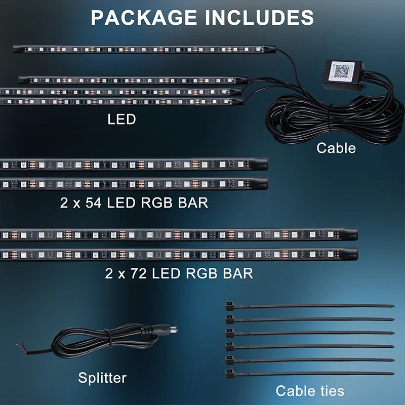 4-Piece Waterproof RGB LED Underglow Neon Accent Strip Lights with Sound Activation and App Control - 252 LEDs, 8 Colors