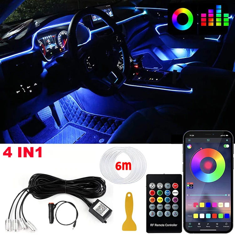 RGB Fiber Optic LED Car Interior Ambient Lighting Kit with App Remote Control