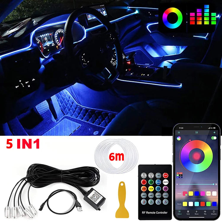 RGB Fiber Optic LED Car Interior Ambient Lighting Kit with App Remote Control