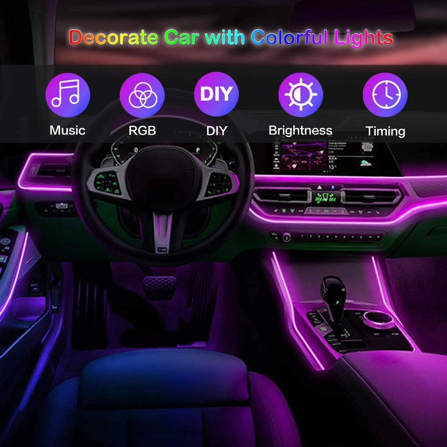 RGB Fiber Optic LED Car Interior Ambient Lighting Kit with App Remote Control