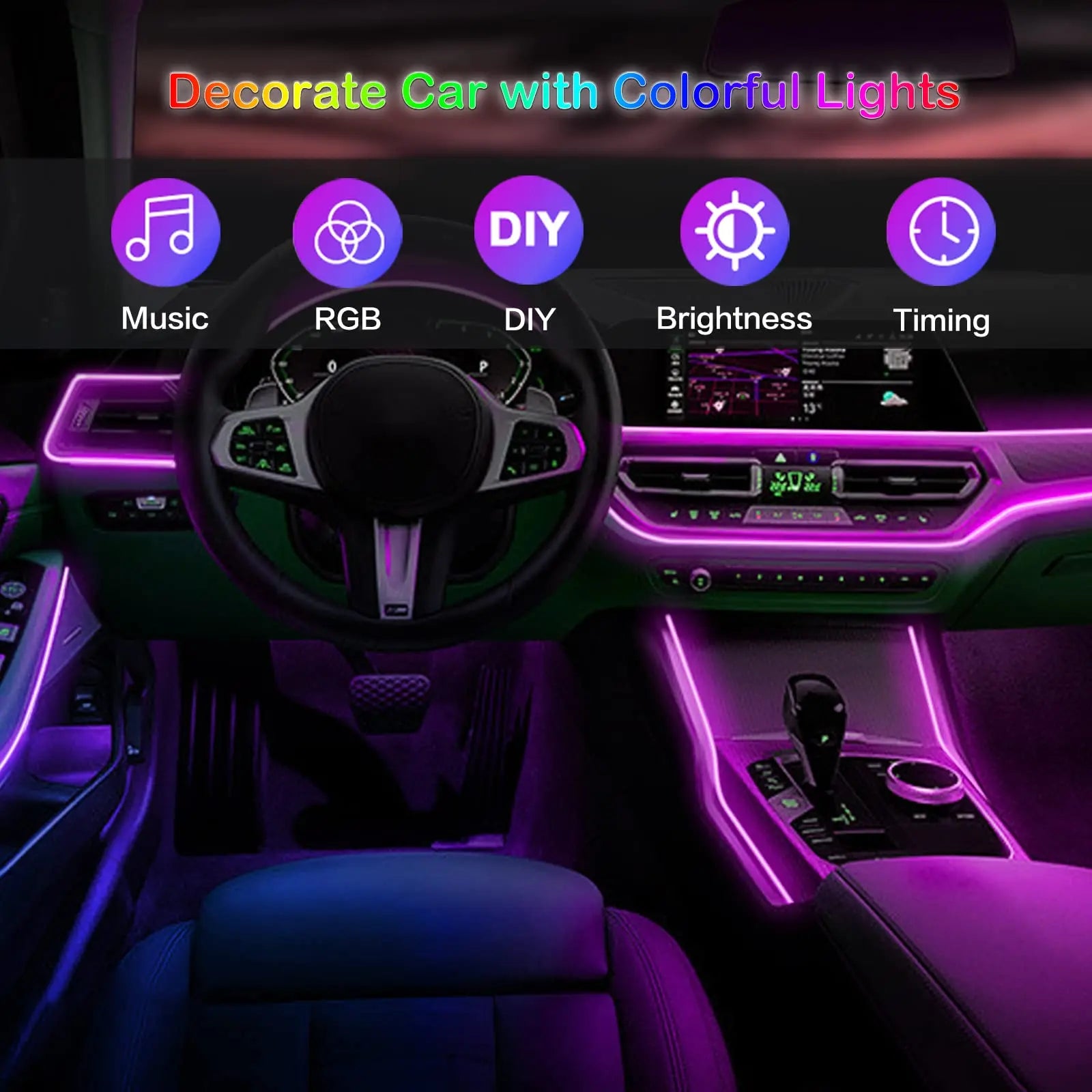 RGB Fiber Optic LED Car Interior Ambient Lighting Kit with App Remote Control