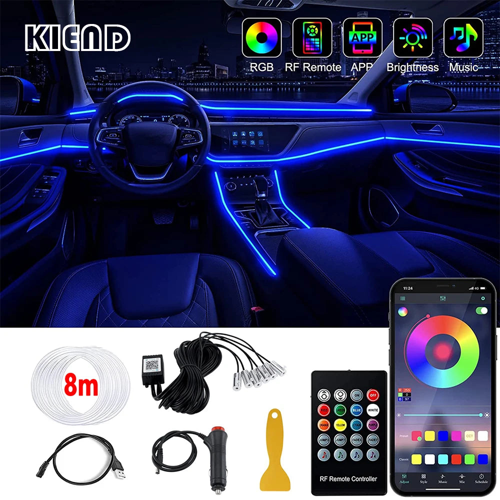 RGB Fiber Optic LED Car Interior Ambient Lighting Kit with App Remote Control