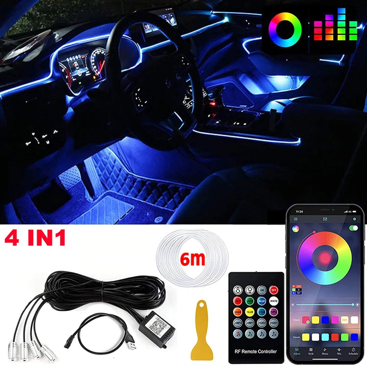 RGB Fiber Optic LED Car Interior Ambient Lighting Kit with App Remote Control