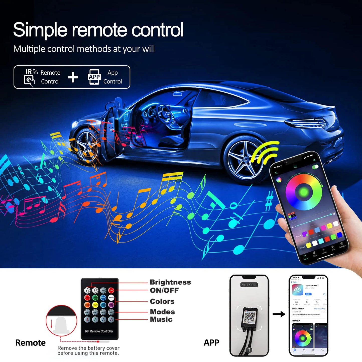 RGB Fiber Optic LED Car Interior Ambient Lighting Kit with App Remote Control
