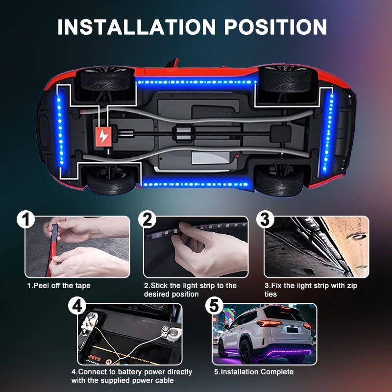 4-Piece Waterproof RGB LED Underglow Neon Accent Strip Lights with Sound Activation and App Control - 252 LEDs, 8 Colors